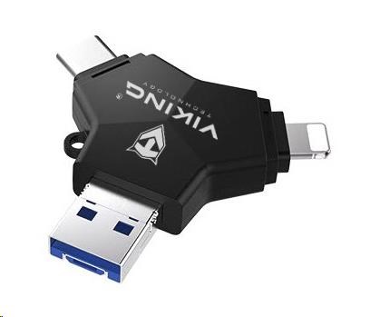 VIKING USB FLASH DISK 3.0 4v1 64GB, S KONCOVKOU APPLE LIGHTNING, USB-C, MICRO USB, USB3.0, černá